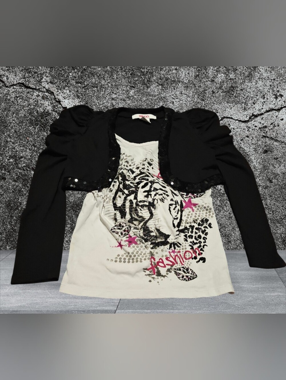Vintage Bongo Y2K Girls Tiger Graphic Tee & Sequin Bolero Shrug Combo Top